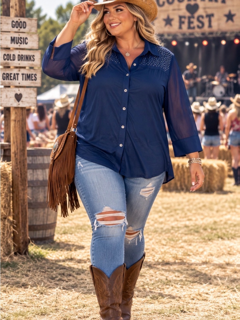 Ashley Stewart Navy Button-Front Blouse with Sheer Sleeves and Stud Accents